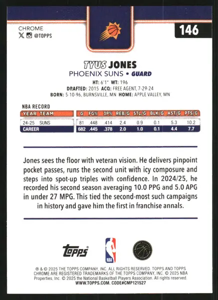 2025-26 Topps Chrome RayWave Aqua Refractors #146 Tyus Jones /199