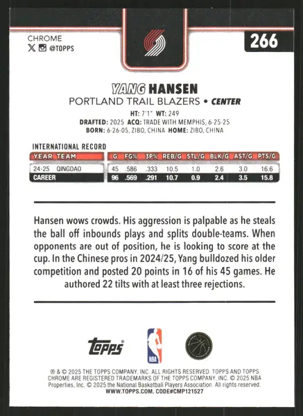 2025-26 Topps Chrome Prism Refractors #266 Yang Hansen