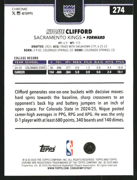 2025-26 Topps Chrome RayWave Aqua Refractors #274 Nique Clifford /199