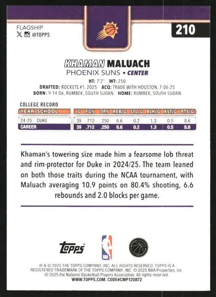 2025-26 Topps Purple Holo Foil #210 Khaman Maluach /250