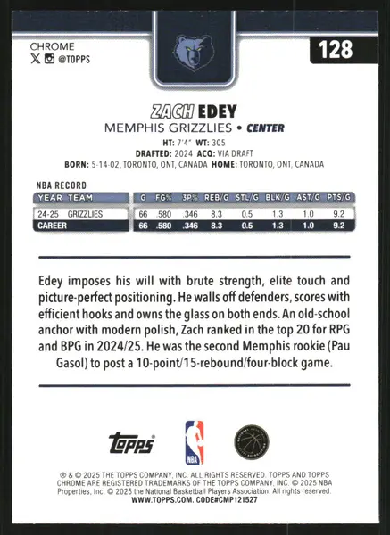 2025-26 Topps Chrome RayWave Yellow Refractors #128 Zach Edey /275