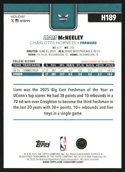2025-26 Topps Holiday Blue Metallic Glitter Holiday #H189 Liam McNeeley