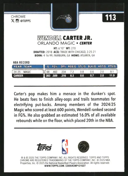 2025-26 Topps Chrome Prism Refractors #113 Wendell Carter Jr.