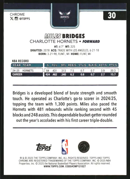 2025-26 Topps Chrome Gold Wave Refractors #30 Miles Bridges /50