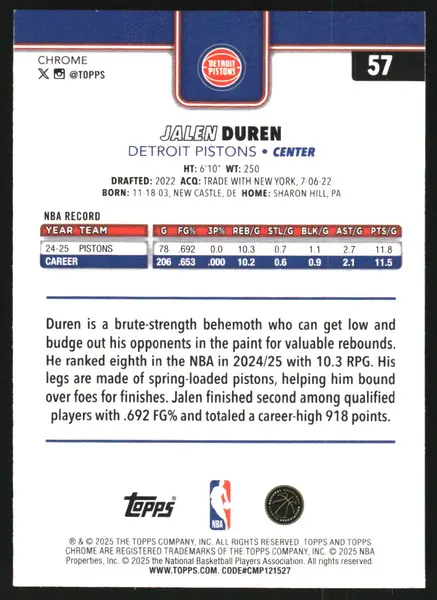 2025-26 Topps Chrome Prism Refractors #57 Jalen Duren