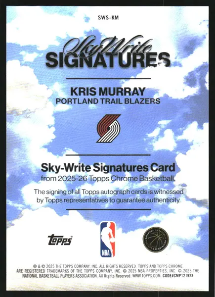 2025-26 Topps Chrome Sky Write Autographs #SWSKM Kris Murray Auto