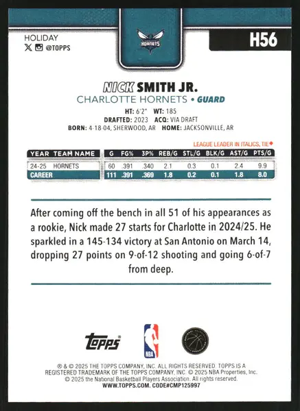 2025-26 Topps Holiday Glitter Holiday #H56 Nick Smith Jr.