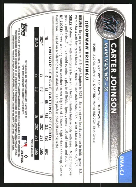 2025 Bowman Chrome Mega Box Prospect Autographs #BMACJ Carter Johnson Auto