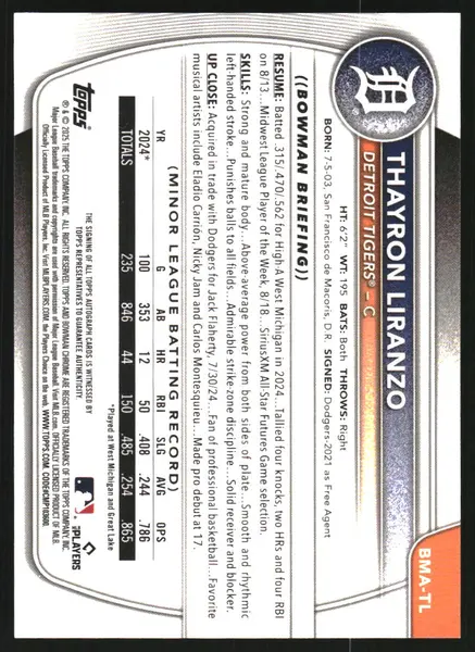 2025 Bowman Chrome Mega Box Autographs Purple Refractors #BMATL Thayron Liranzo Auto /199