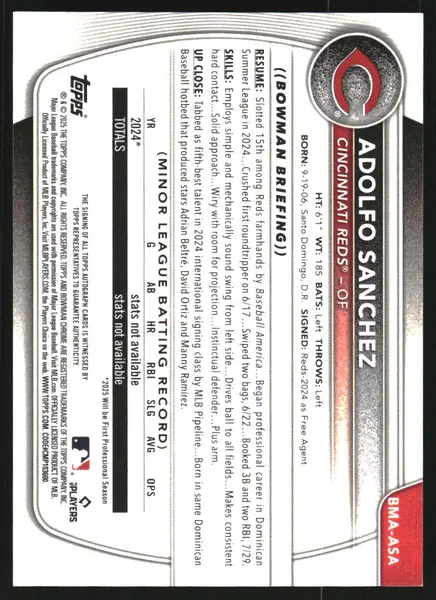 2025 Bowman Chrome Mega Box Autographs Blue Refractors #BMAASA Adolfo Sanchez Auto /150