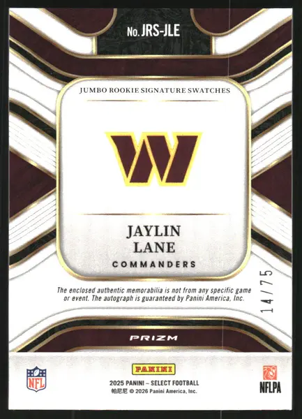 2025 Select Jumbo Rookie Signature Swatches Prizm White #45 Jaylin Lane Auto Jersey /75