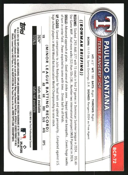 2025 Bowman Chrome Prospects Blue Geometric Refractors #BCP72 Paulino Santana /150