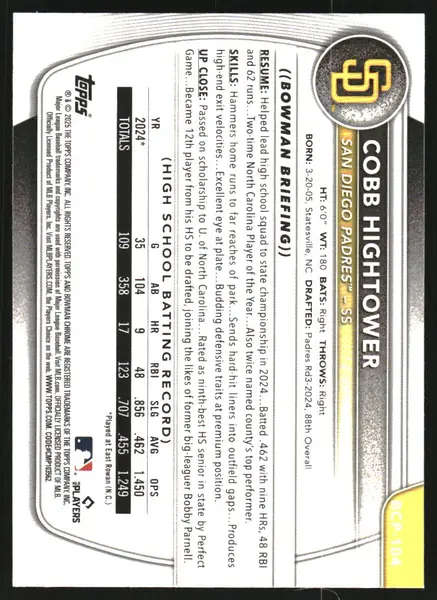 2025 Bowman Chrome Mega Box Prospects Pink Refractors #BCP104 Cobb Hightower /199