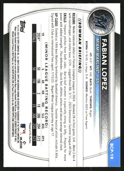 2025 Bowman Chrome Prospects Yellow Wave Refractors #BCP19 Fabian Lopez /75