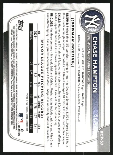 2025 Bowman Chrome Prospects Green Geometric Refractors #BCP57 Chase Hampton /99