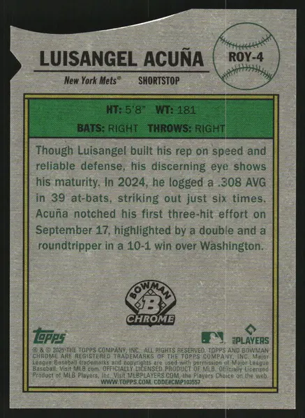 2025 Bowman Chrome Mega Box Rookie of the Year Favorites Pink Refractors #ROY4 Luisangel Acuna /199