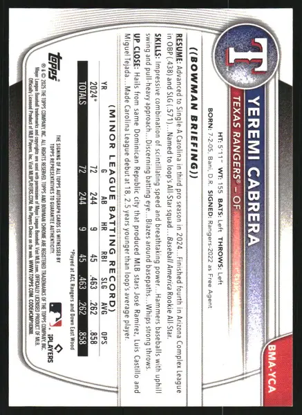 2025 Bowman Chrome Mega Box Prospect Autographs #BMAYCA Yeremi Cabrera Auto