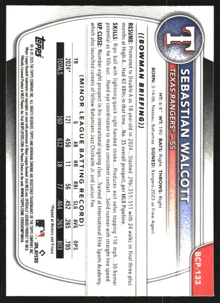 2025 Bowman Chrome Prospects Mini-Diamond Refractors #BCP133 Sebastian Walcott