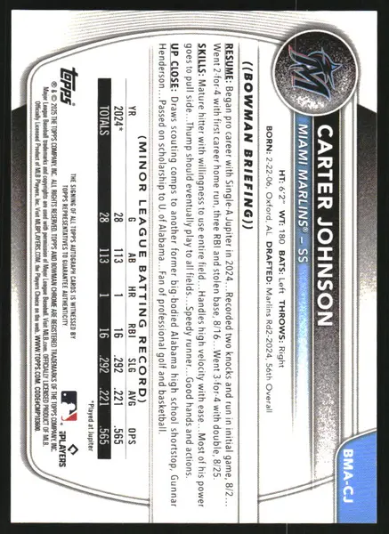 2025 Bowman Chrome Mega Box Autographs Purple Refractors #BMACJ Carter Johnson Auto /199