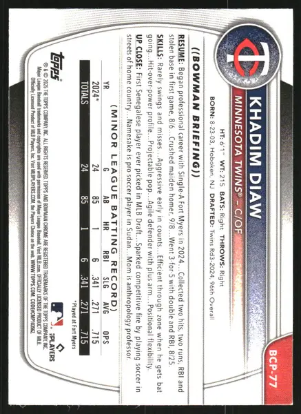 2025 Bowman Chrome Mega Box Prospects Pink Refractors #BCP77 Khadim Diaw /199