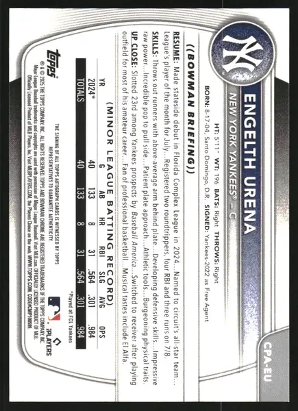 2025 Bowman Chrome Prospect Autographs Speckle Refractors #CPAEU Engelth Urena Auto /299