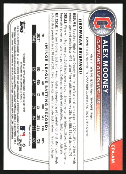 2025 Bowman Chrome Prospect Autographs Blue X-Fractors #CPAAM Alex Mooney Auto /150