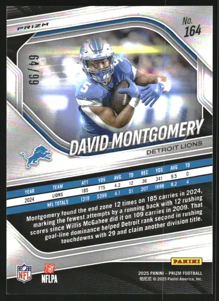 2025 Panini Prizm Prizms Blue Ice #164 David Montgomery /99