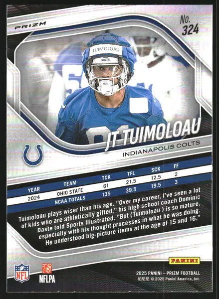 2025 Panini Prizm Prizms Neon Green Pulsar #324 JT Tuimoloau