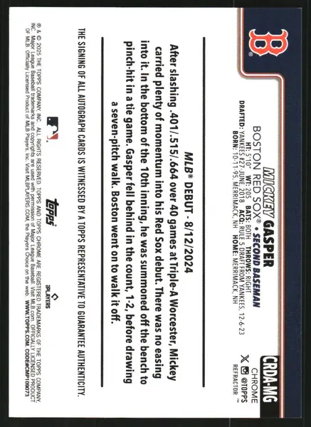 2025 Topps Chrome Update Rookie Debut Autographs Refractors #CRDAMG Mickey Gasper Auto /499