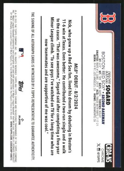 2025 Topps Chrome Update Rookie Debut Autographs Aqua Wave Refractors #CRDANS Nick Sogard Auto /199