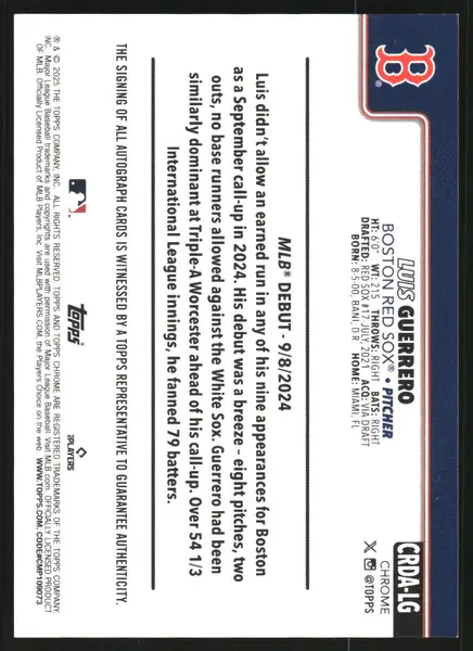 2025 Topps Chrome Update Rookie Debut Autographs #CRDALG Luis Guerrero Auto