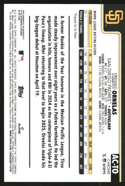 2025 Topps Chrome Update Autographs Gold Wave Refractors #ACTO Tirso Ornelas Auto /50