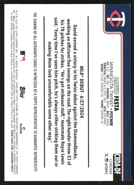 2025 Topps Chrome Update Rookie Debut Autographs Orange Refractors #CRDADF David Festa Auto /25