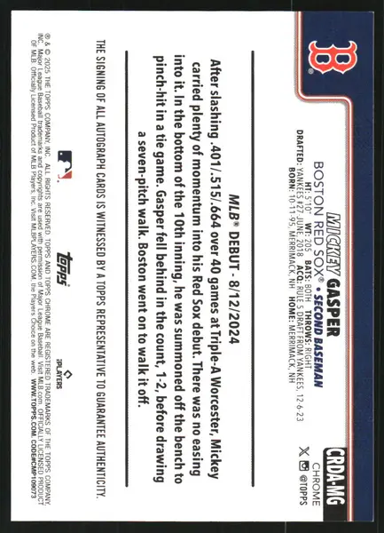 2025 Topps Chrome Update Rookie Debut Autographs Aqua Wave Refractors #CRDAMG Mickey Gasper Auto /199
