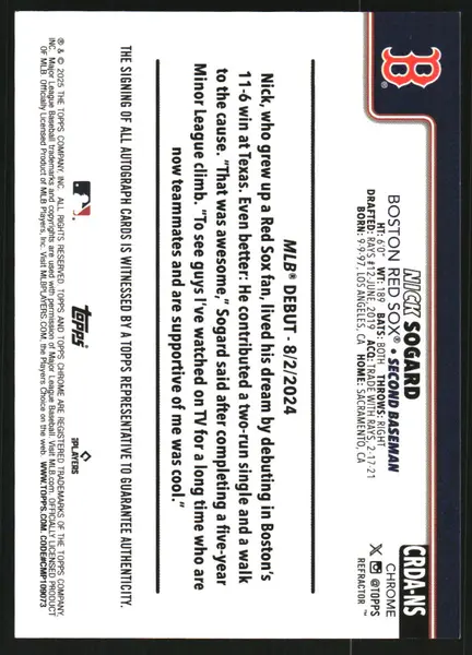2025 Topps Chrome Update Rookie Debut Autographs Refractors #CRDANS Nick Sogard Auto /499
