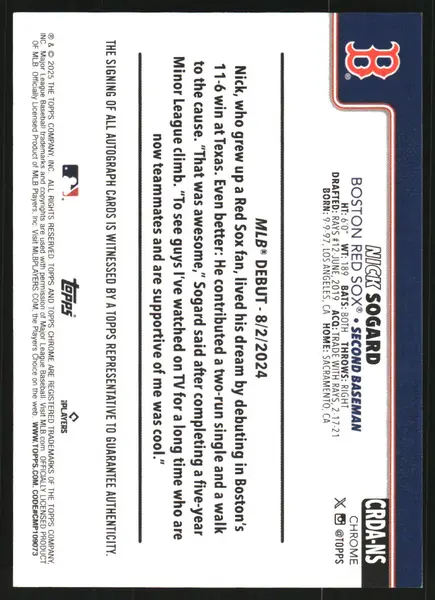 2025 Topps Chrome Update Rookie Debut Autographs Purple Refractors #CRDANS Nick Sogard Auto /250