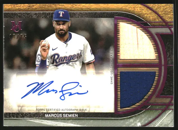 2025 Topps Museum Collection Signature Swatches Dual Relic Autographs Pink Sapphire #SPDRAMS Marcus Semien Auto Jersey /75