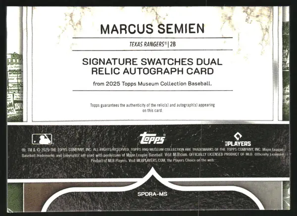 2025 Topps Museum Collection Signature Swatches Dual Relic Autographs Pink Sapphire #SPDRAMS Marcus Semien Auto Jersey /75